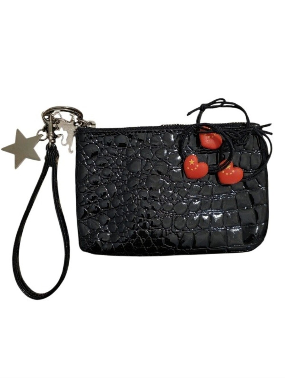 Express Black Croc-Embossed Wristlet with Red Heart Charms Hair Ties
